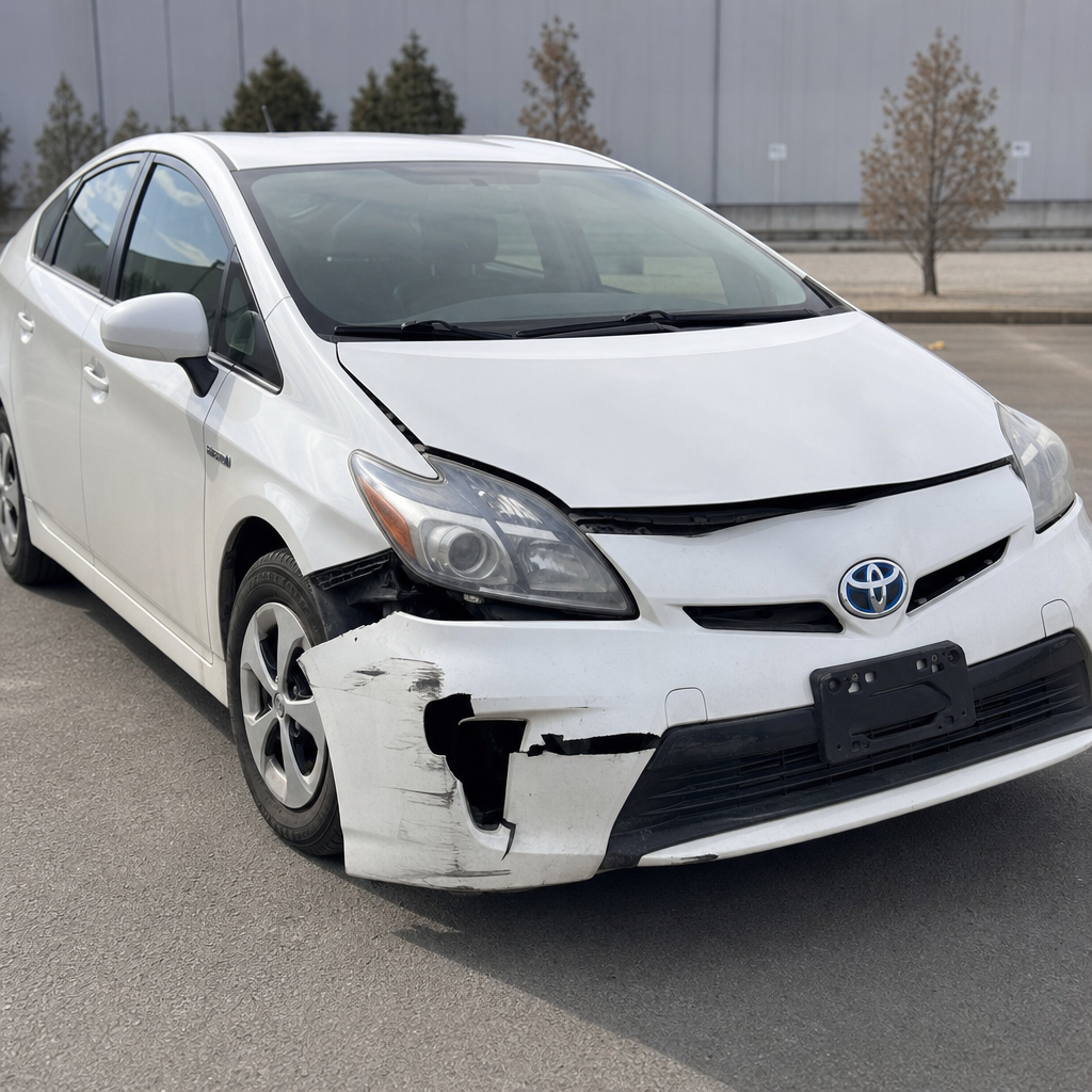 Ağ Toyota Prius 2015, ön hissəsi zədəli
