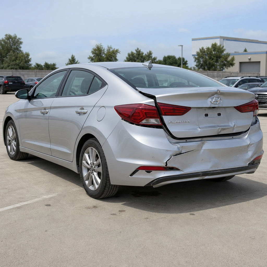 Gümüşü Hyundai Elantra 2019, arxa hissəsi zədəli