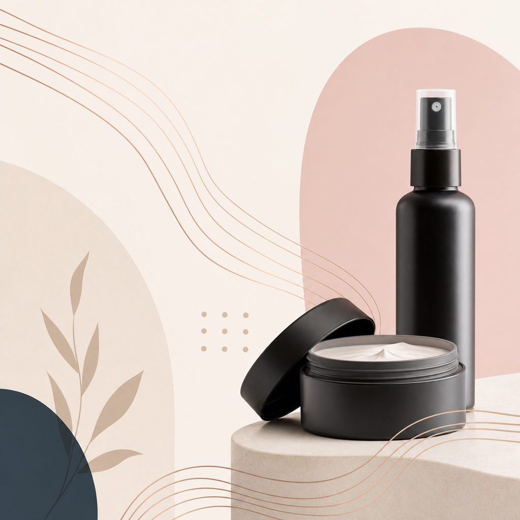 Small decorative beauty graphic with abstract product lines and soft salon-themed shapes