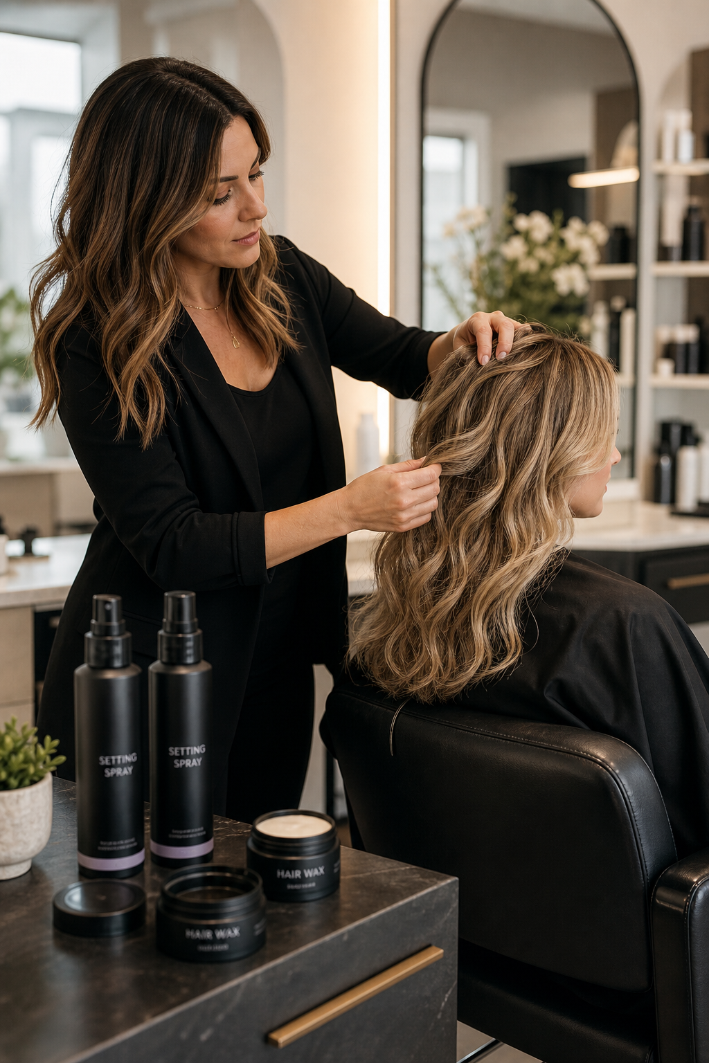 Professional hairstylist actively styling a client in a clean premium salon, with hair wax jars and setting spray bottles visible on a nearby station under soft diffused studio-like lighting