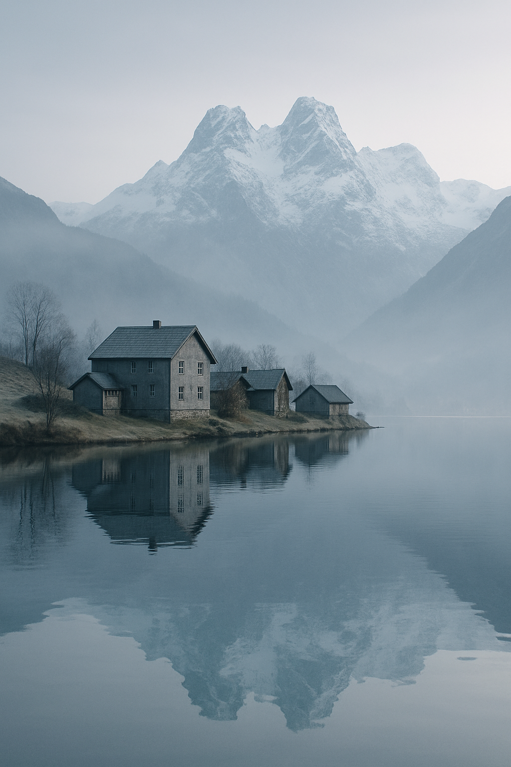 Quiet alpine village beside a glassy lake with snow-capped peaks under soft morning haze