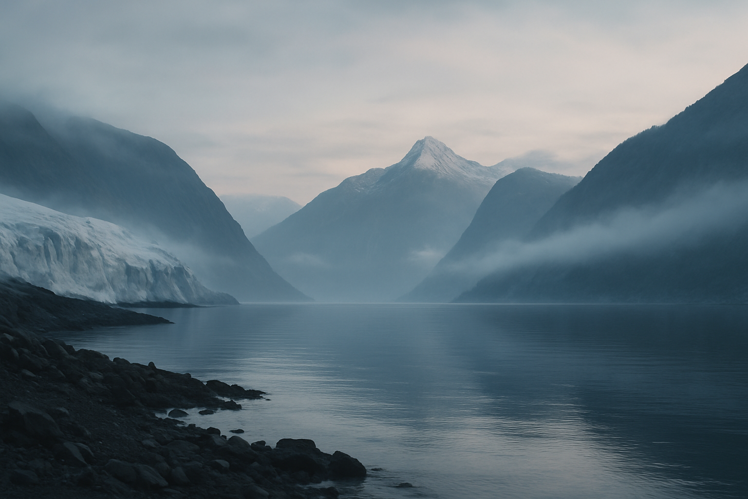 Cinematic Nordic landscape with misty fjords and snow-capped peaks at dawn