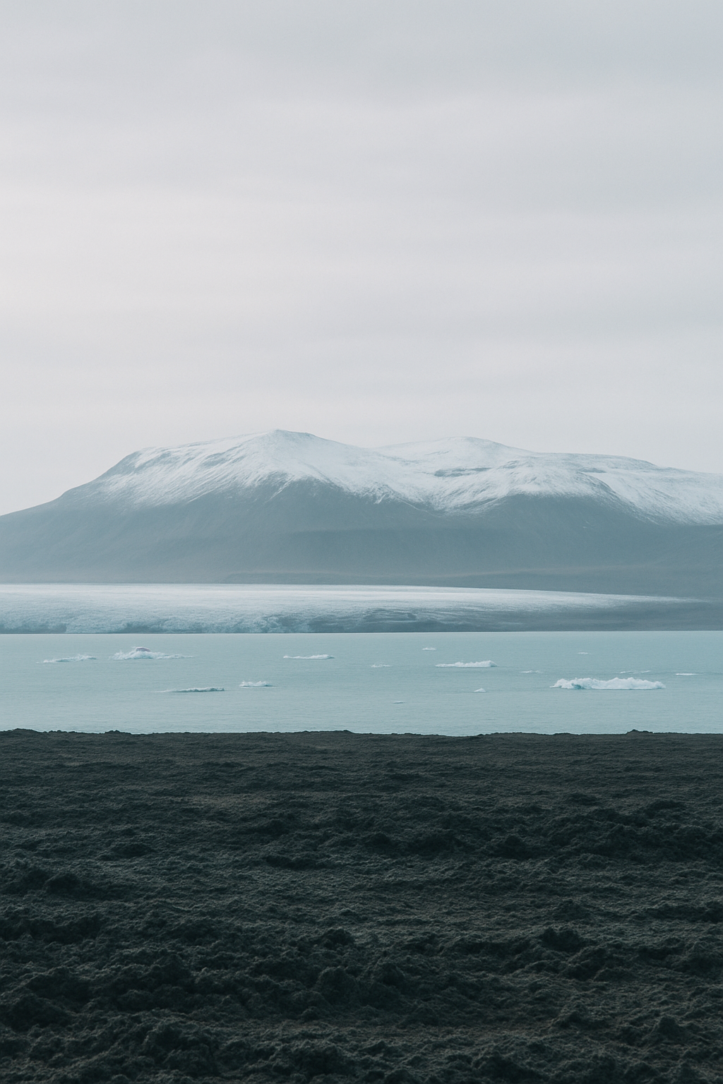 Misty Icelandic lava field with a glacier lagoon and pale northern light on the horizon