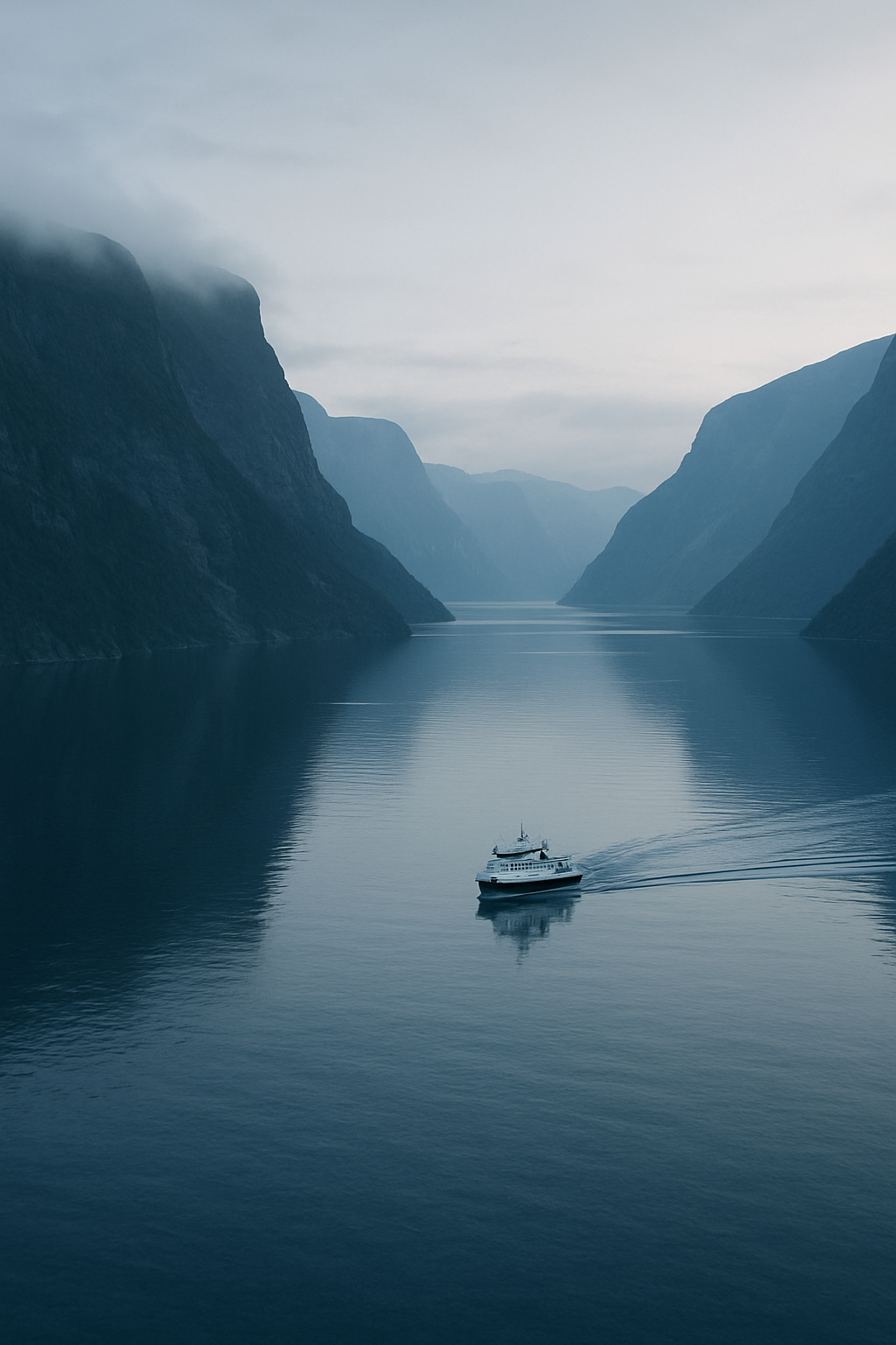 Deep blue Norwegian fjord with steep cliffs at midnight light, a small ferry on calm water