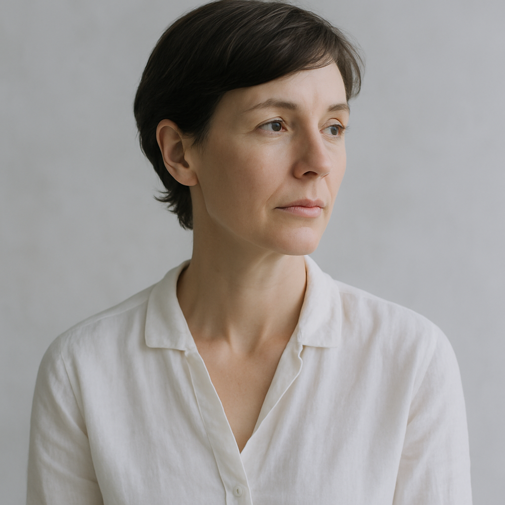 Portrait of Sophie Laurent, a woman in her forties with short dark hair, photographed against a soft neutral backdrop