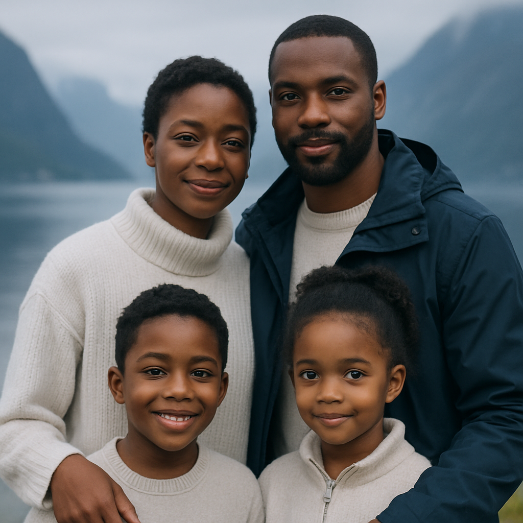 Portrait of the Okafor family, parents with two young children, smiling outdoors