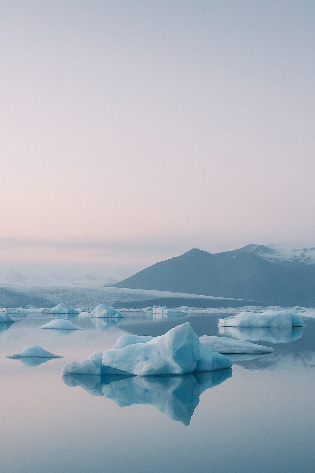 Soft pastel light over an Icelandic glacier lagoon with floating icebergs at dusk