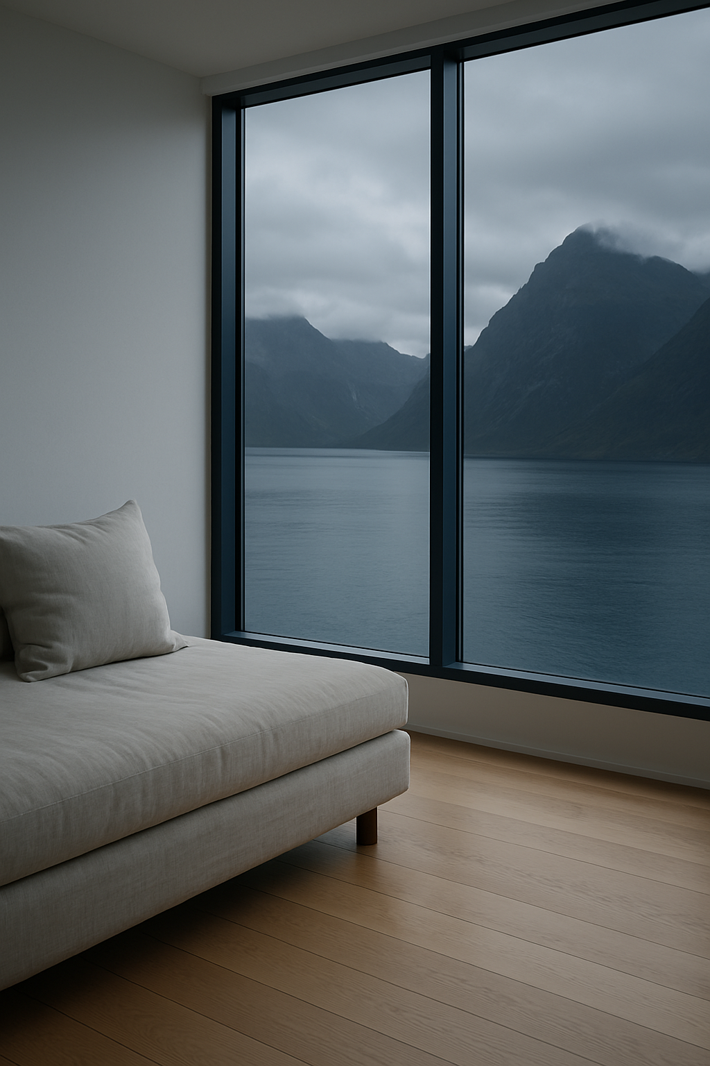 Minimalist Nordic design hotel interior with floor-to-ceiling windows facing dark mountains and northern sea