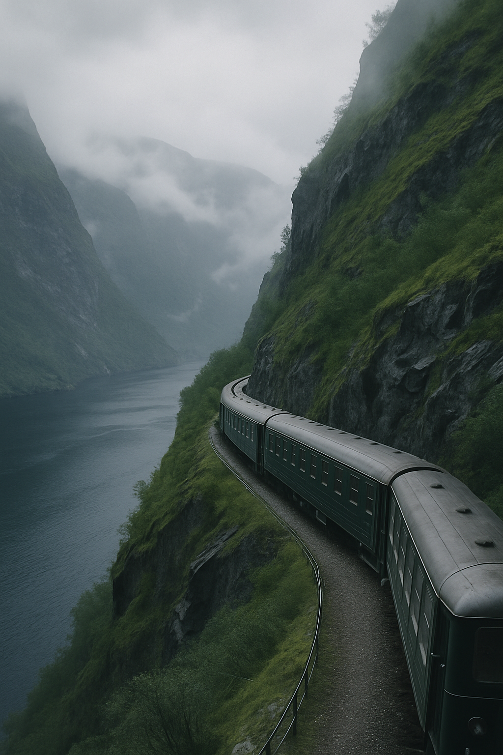 Vintage scenic train winding above a deep blue Norwegian fjord with steep green cliffs