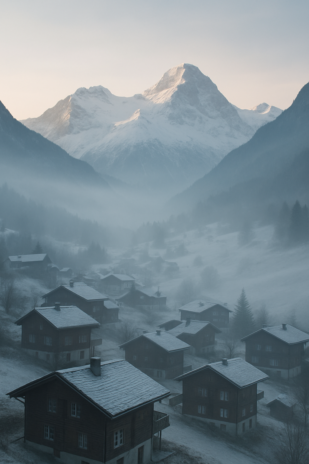 Misty Swiss alpine village with wooden chalets nestled below snow-capped peaks at sunrise