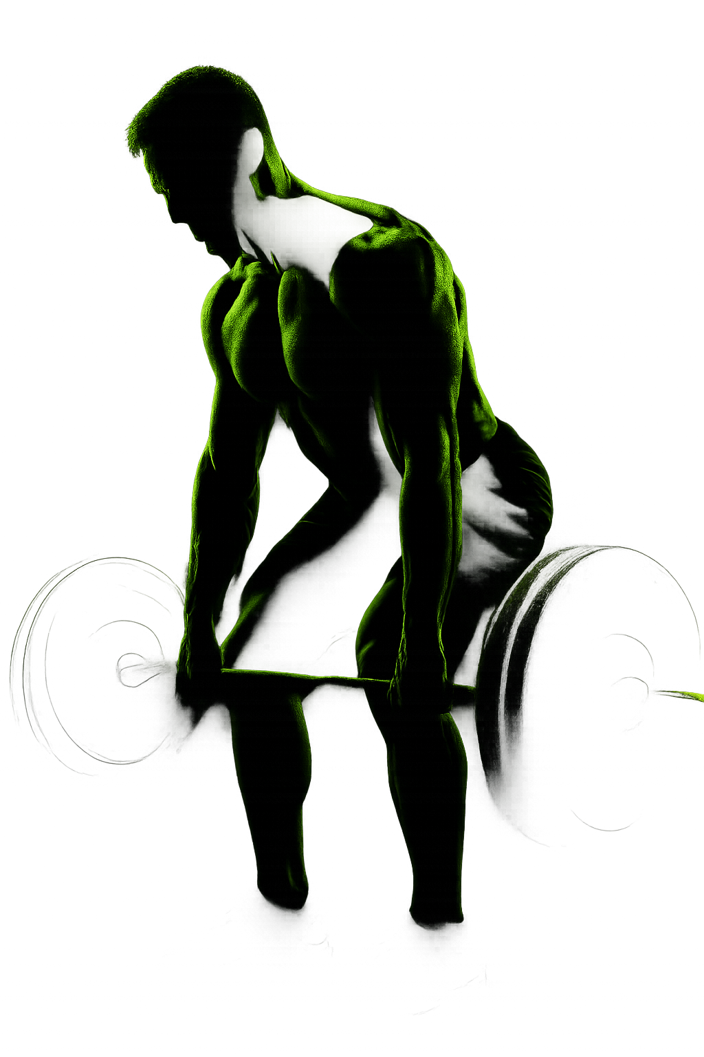 High-contrast silhouette of a muscular athlete mid-lift against a dark background with lime rim light