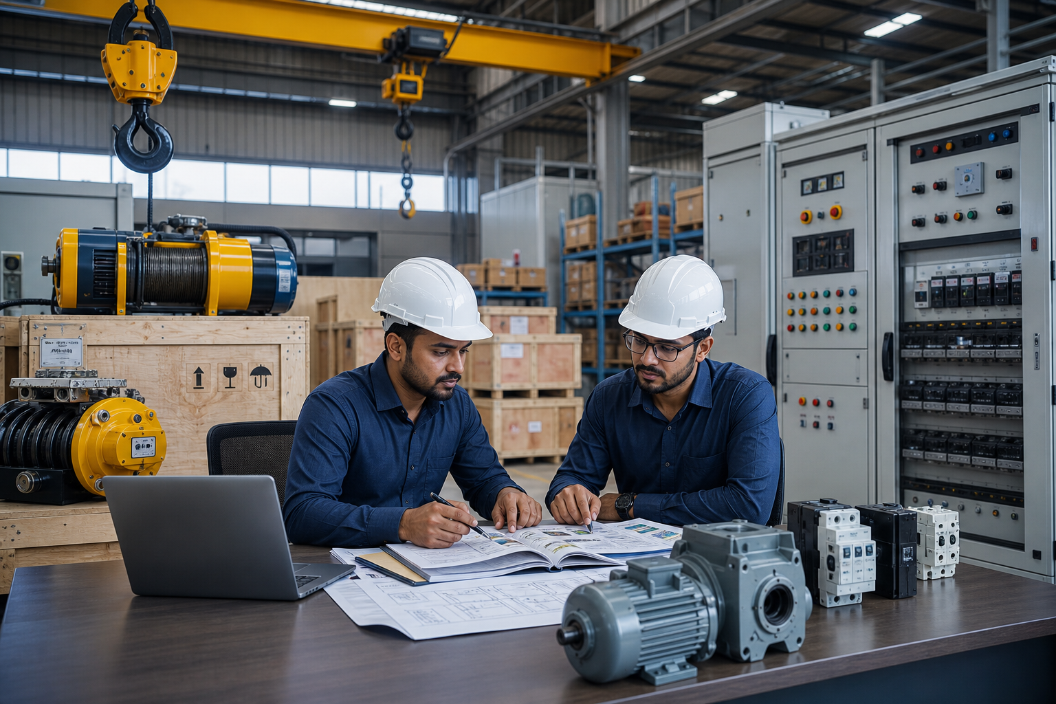 Modern industrial warehouse and procurement desk in Coimbatore with engineers reviewing equipment specifications