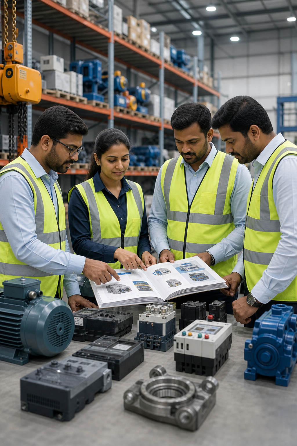 Professional industrial trading team reviewing engineering product specifications in a modern warehouse
