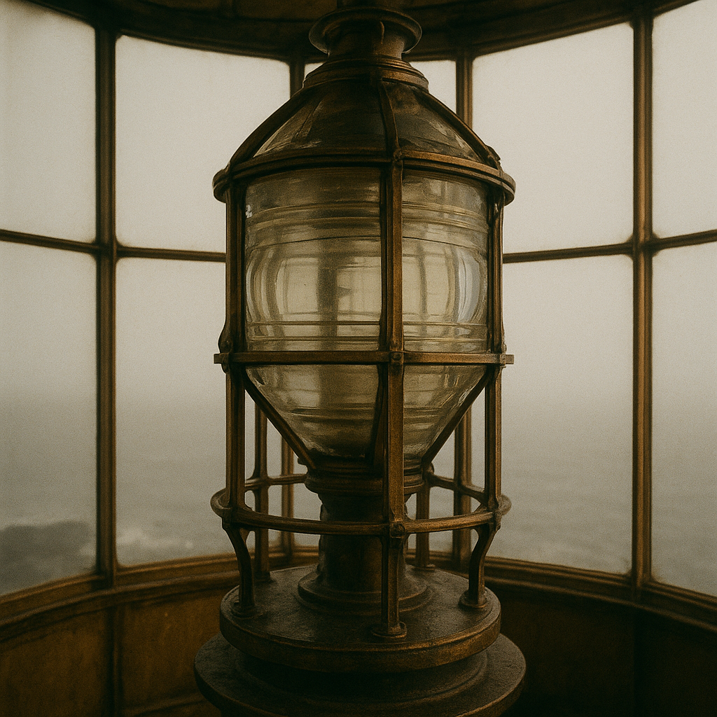 Close lantern-room detail with brass framing and aged glass panes under coastal light