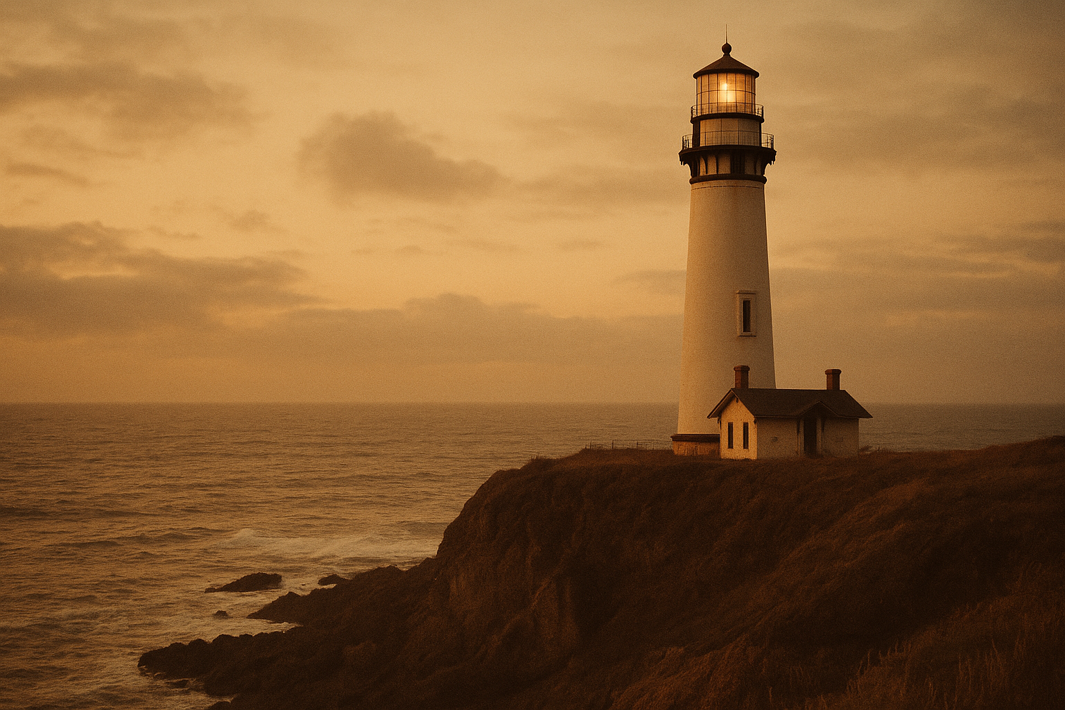 Wide lighthouse exterior on a windswept cliff at dusk, captured in warm archival film tones