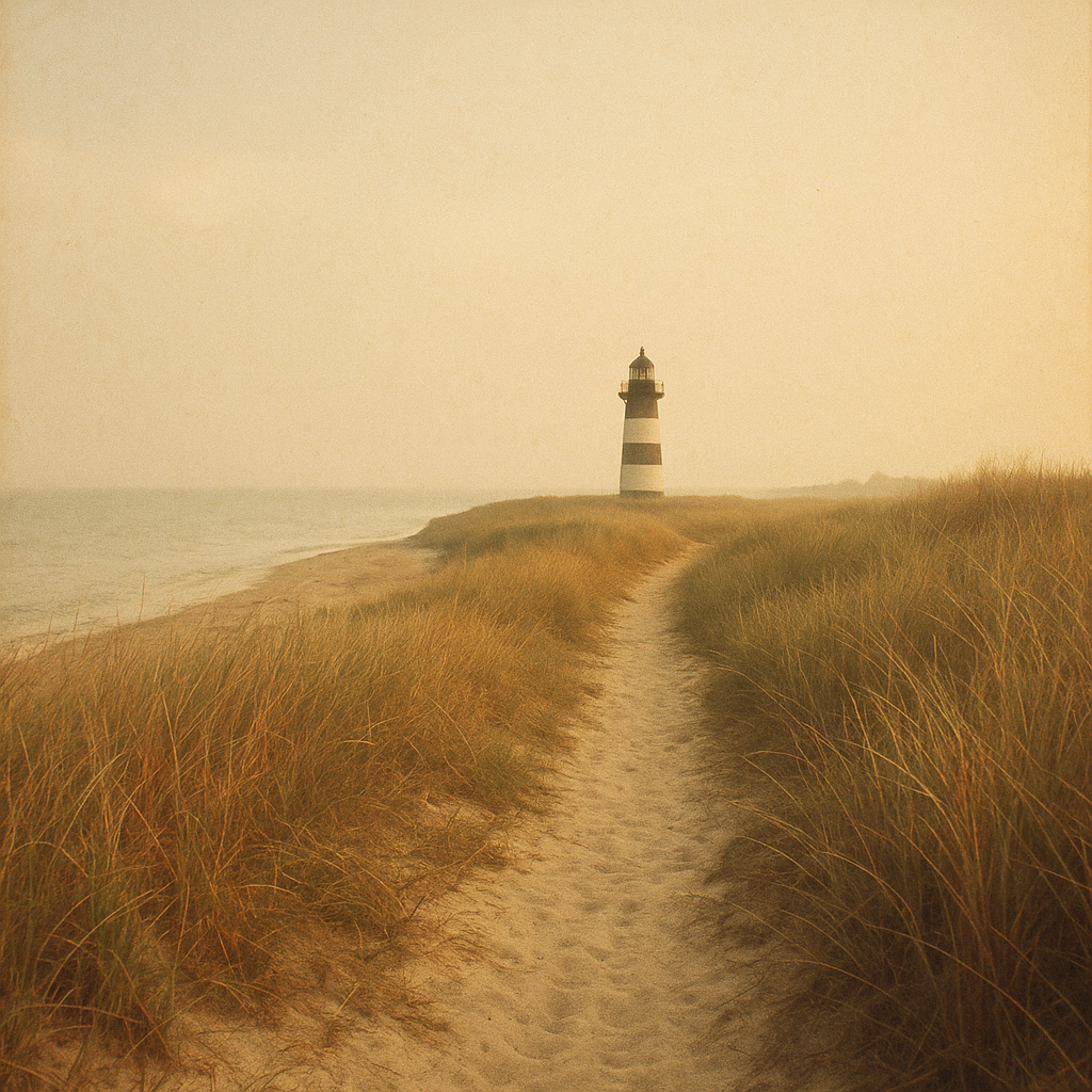 Narrow shoreline path leading toward a distant lighthouse tower in soft morning haze