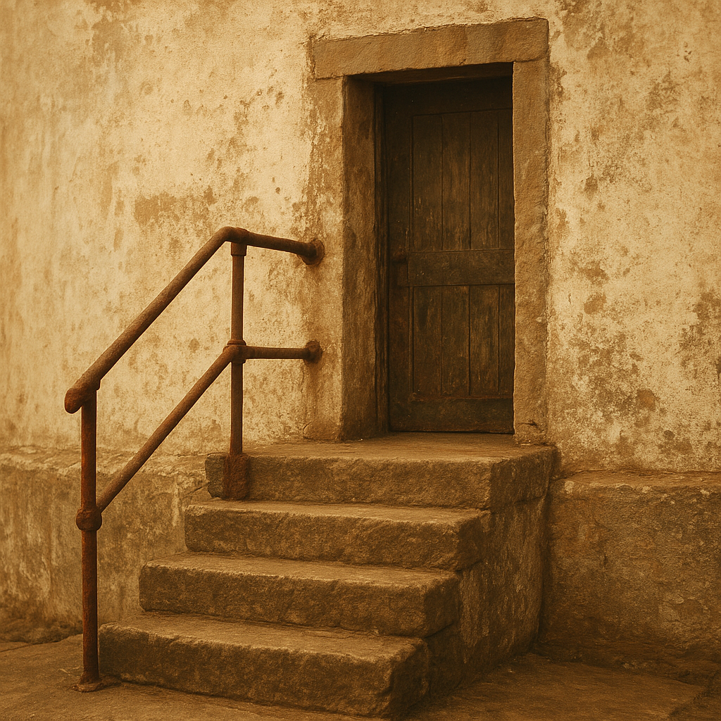 Weathered lighthouse masonry and stone stair entry with salt-stained textures