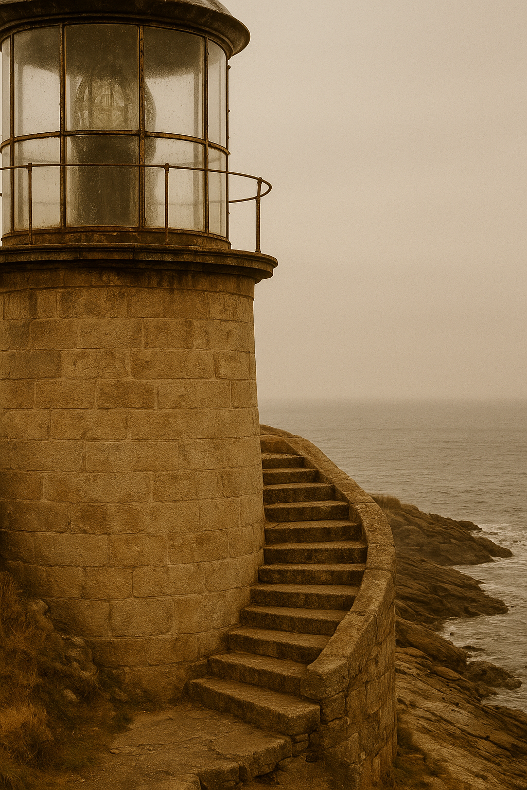 Archival-style close view of weathered lighthouse lantern glass and stonework beside worn coastal steps