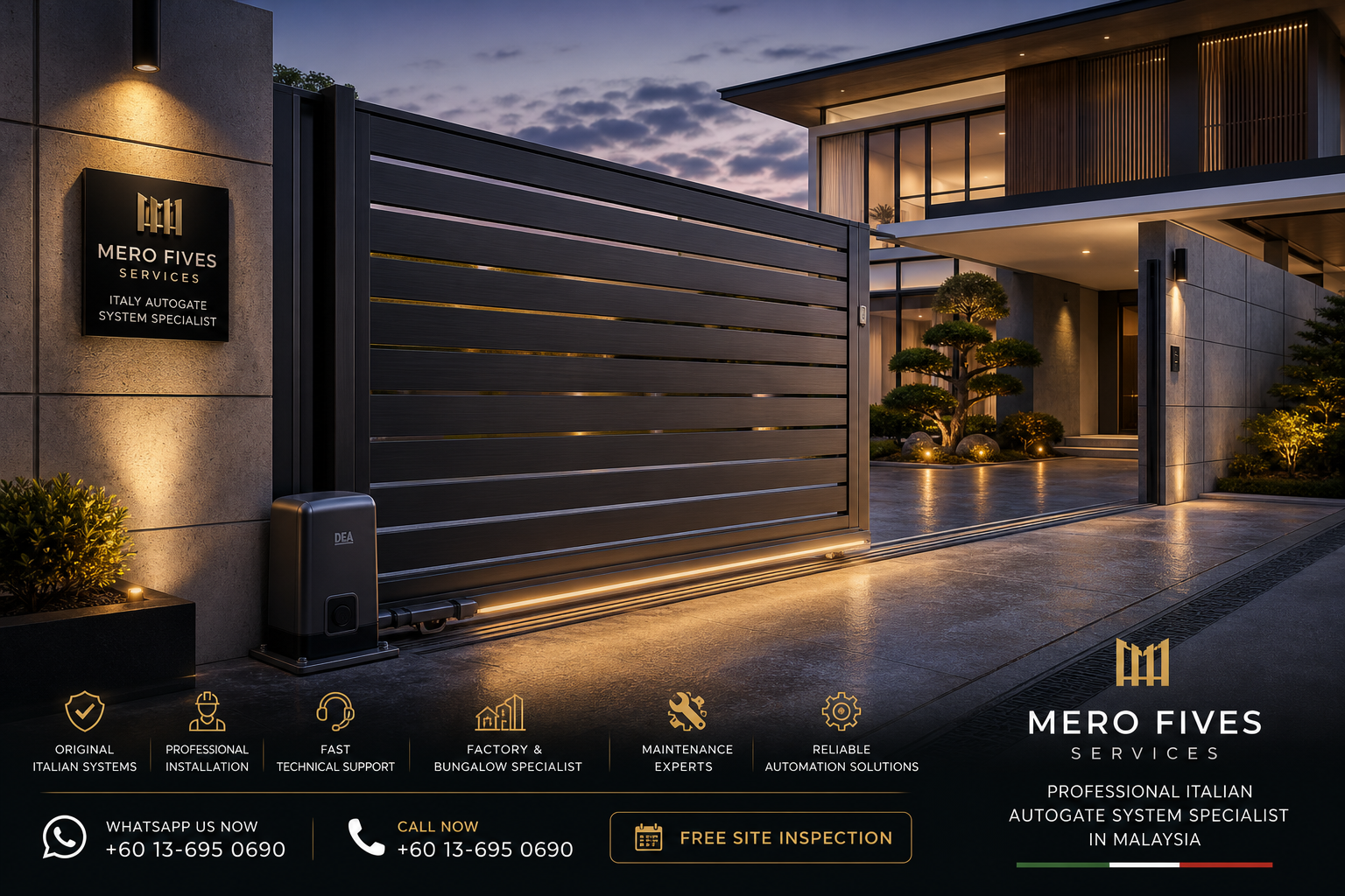 Premium Italian autogate installation for a modern Malaysian bungalow with sleek metal gate and automation hardware
