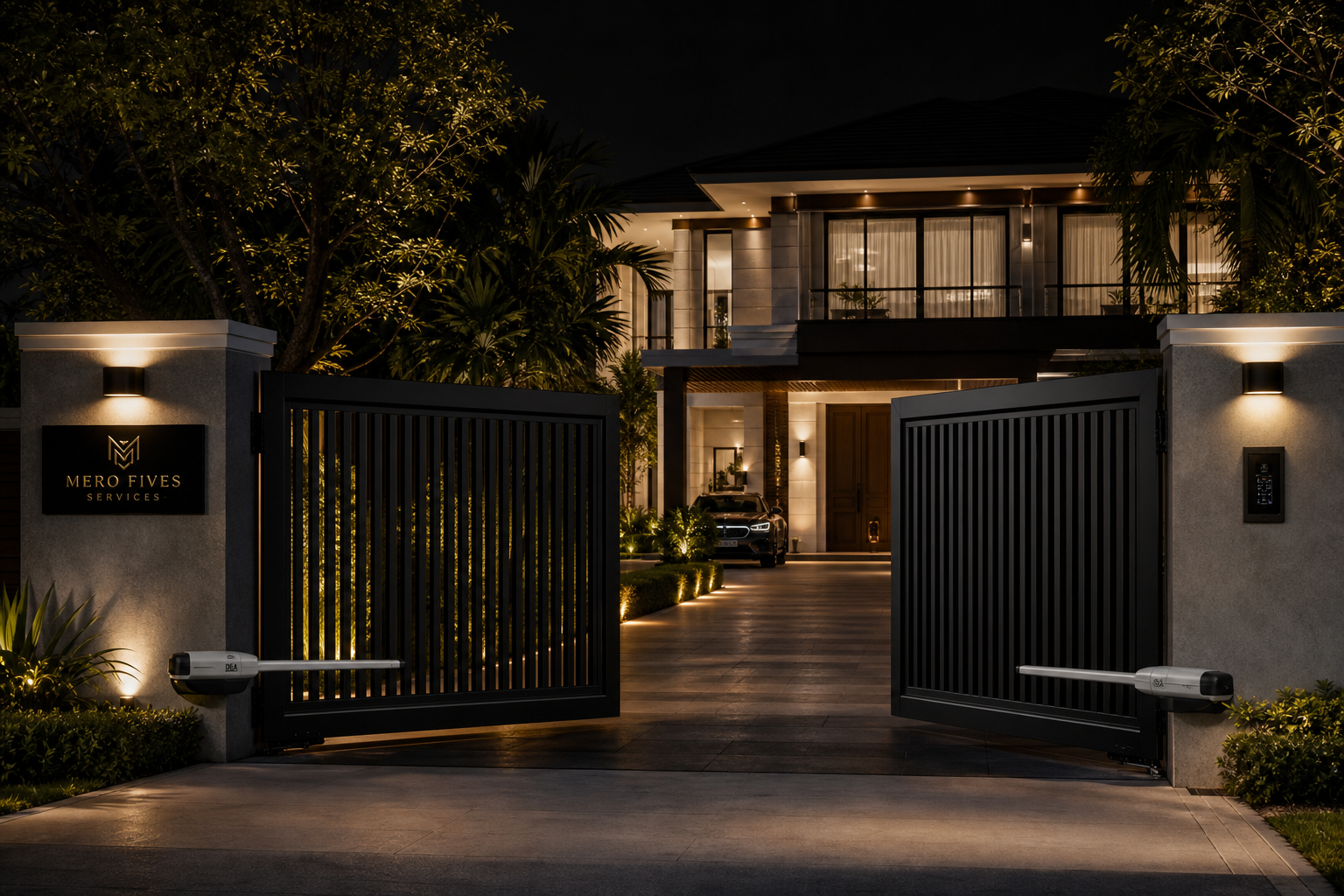 Luxury Malaysian bungalow with a black aluminum swing autogate and warm architectural lighting at night