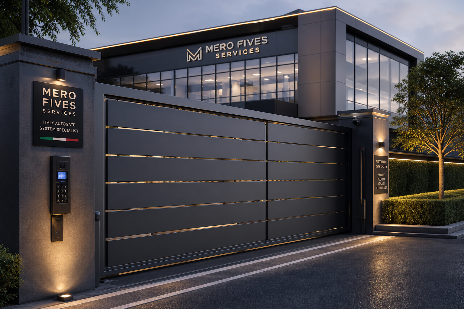 Commercial property autogate after upgrade with sleek aluminum panels and control keypad