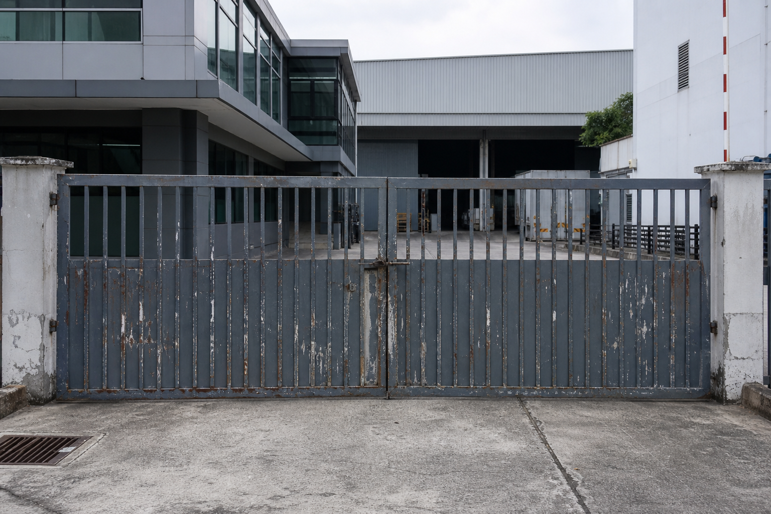 Commercial property manual gate before automation with faded paint and manual latch