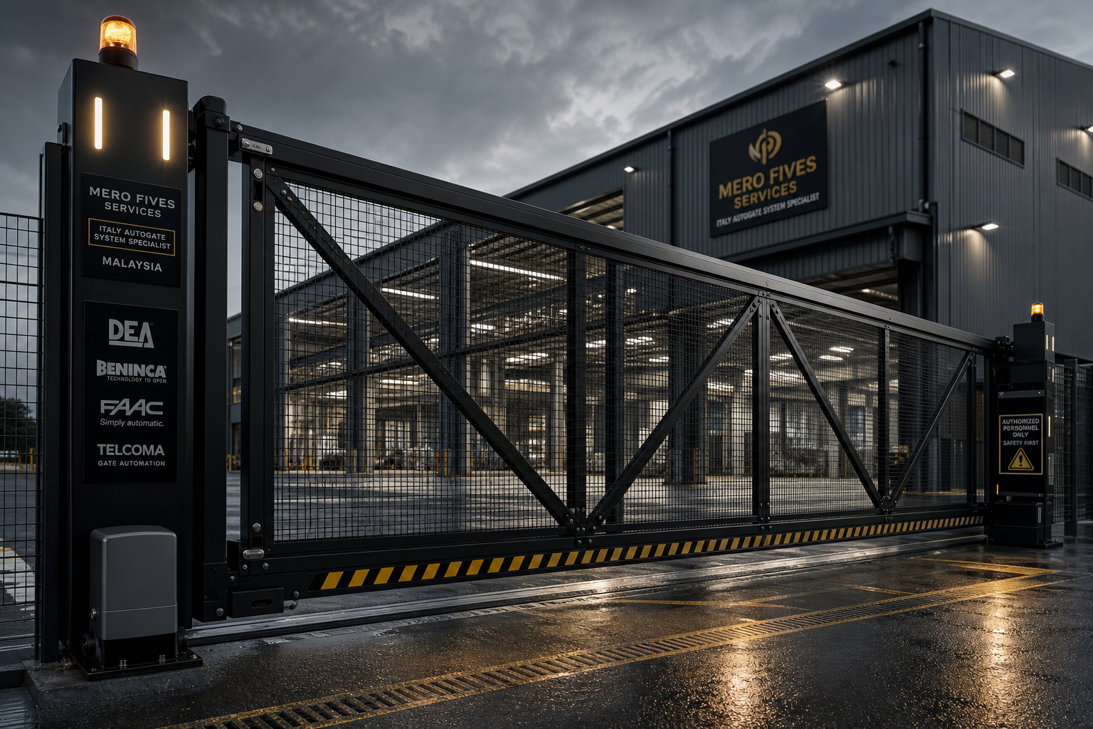 Massive industrial sliding autogate in a Malaysian factory with steel mesh panels and warning lights