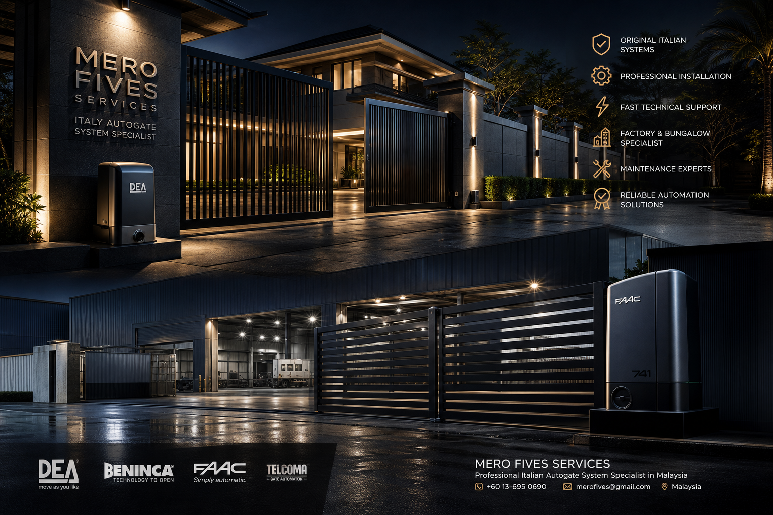 Cinematic night view of a luxury bungalow autogate and industrial warehouse gate system with sleek Italian motor housing and metallic finishes, dramatic lighting