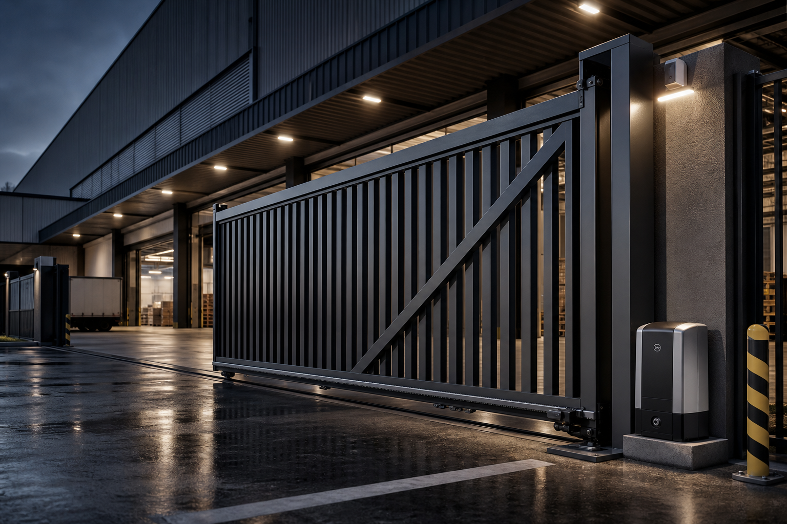 Large industrial sliding autogate at a Malaysian factory loading bay with steel panels and cool evening lighting