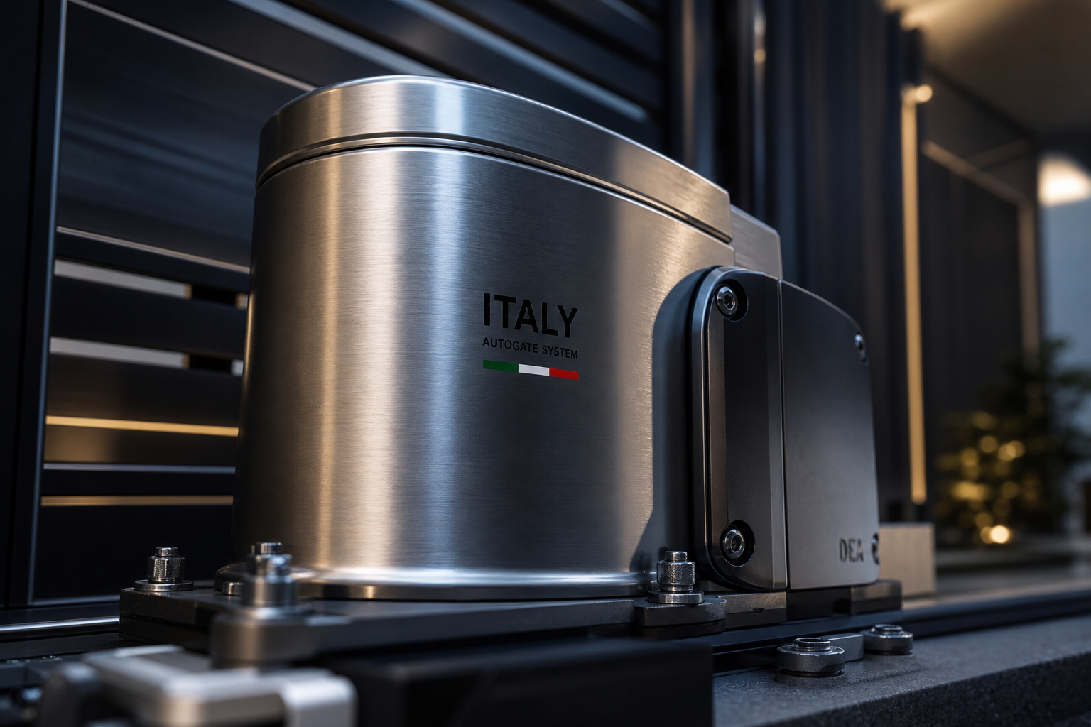 Close-up of a brushed metal Italian autogate motor housing with precision engineering details