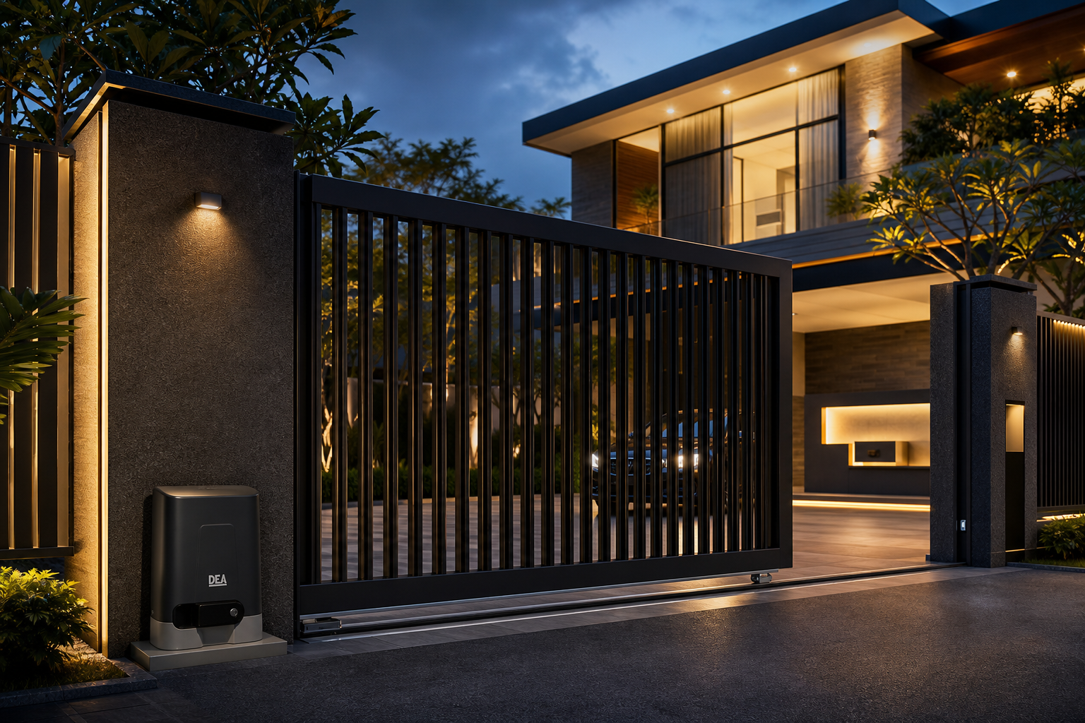 Luxury Malaysian bungalow autogate with dark aluminum panels, warm lighting, and a modern driveway