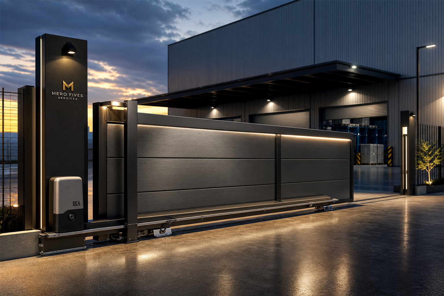 Modern warehouse cantilever autogate with brushed steel panels and LED security lighting