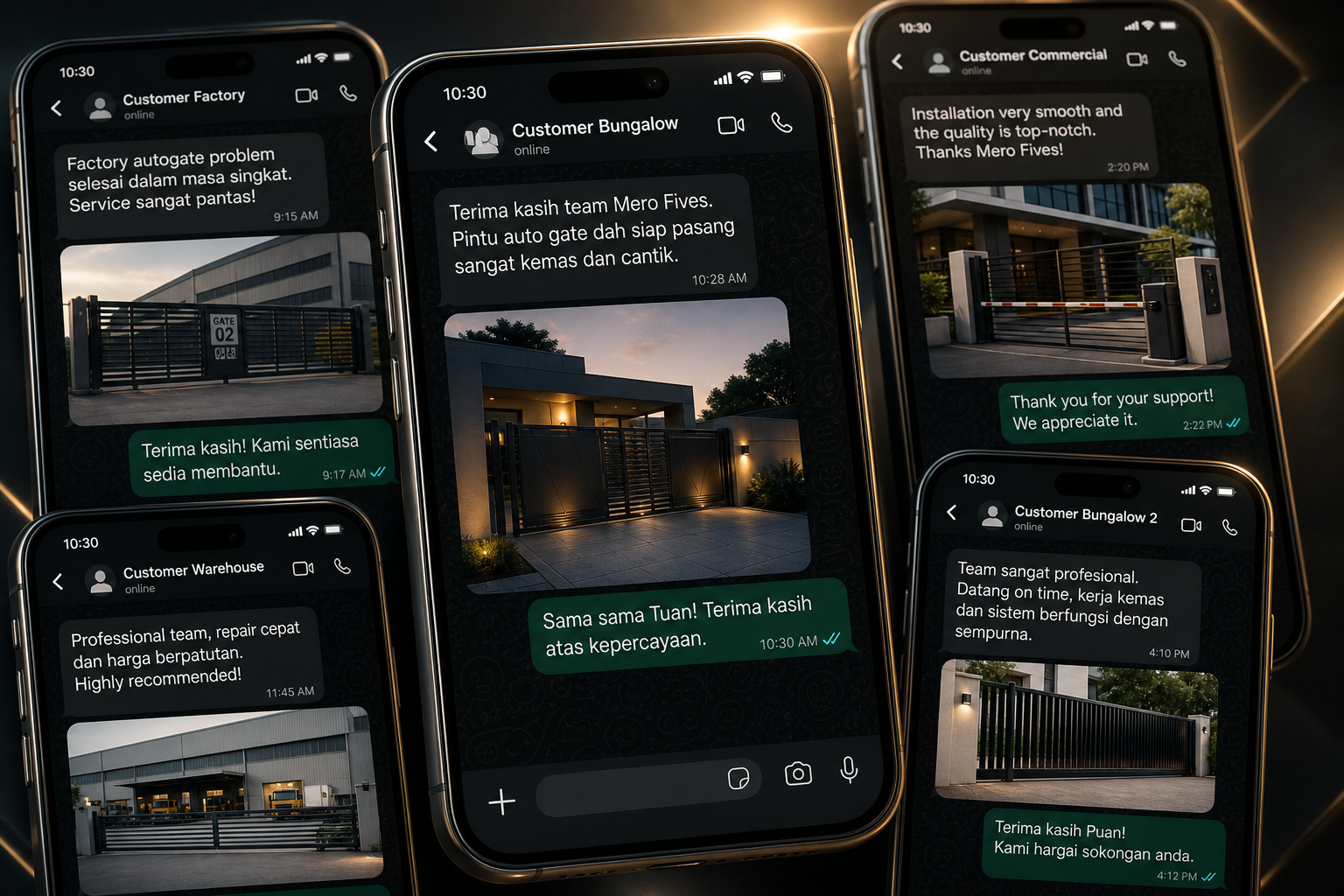 Collage of WhatsApp customer feedback screenshots in Malay and English praising fast autogate repair and professional installation