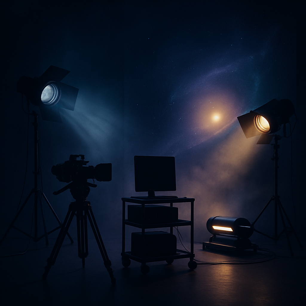 Cinematic space-inspired studio scene with projection lights and fog