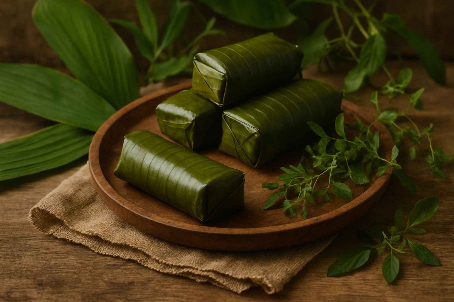 Món bánh gói lá màu xanh, bày trên mâm gỗ mộc với khung cảnh quê dân dã