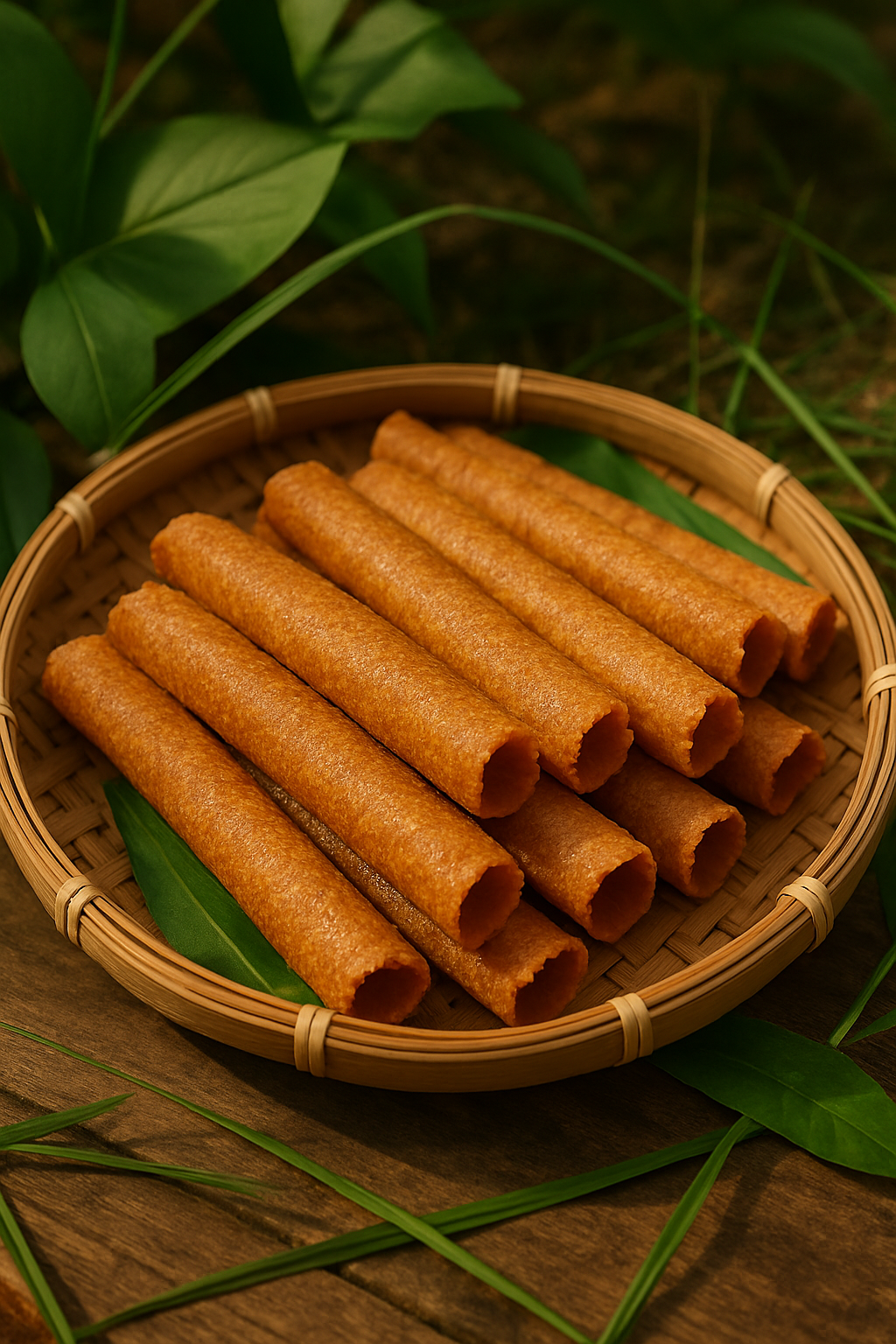 Bánh giòn vàng nâu đặt trên mẹt tre, xung quanh là lá xanh tươi trong ánh sáng tự nhiên