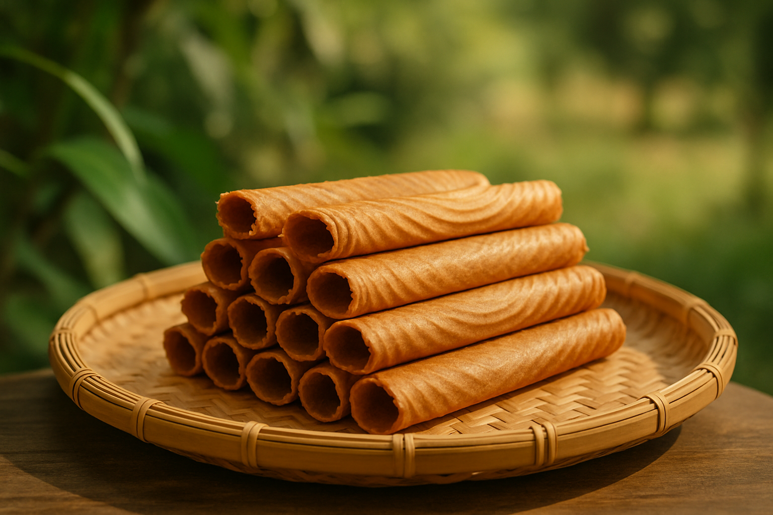 Bánh quế thủ công Việt Nam chụp cận vừa dưới ánh sáng tự nhiên, nền lá xanh và không khí vườn quê ấm áp