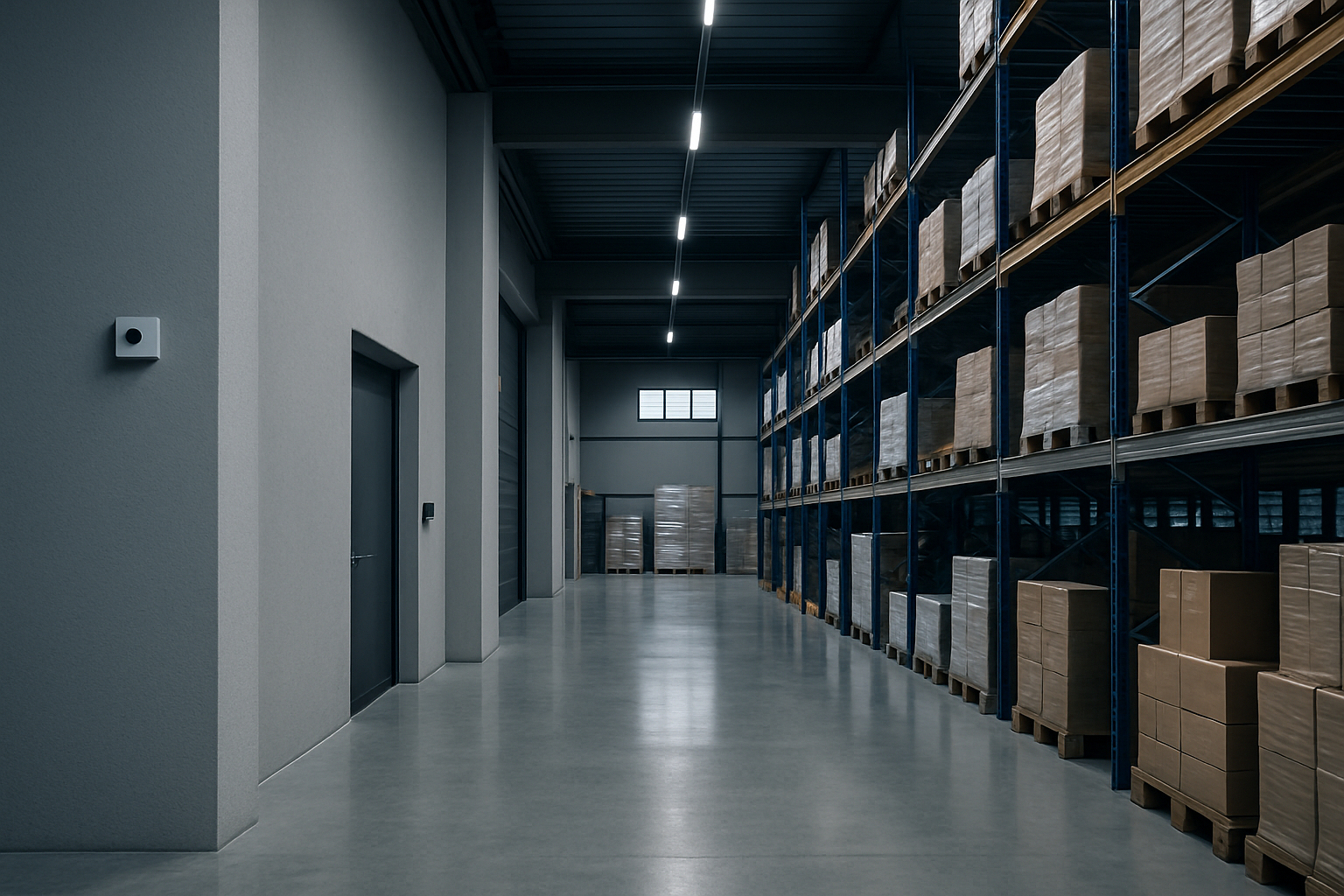 Clean commercial logistics interior with structured pest monitoring points and professional environmental health setup