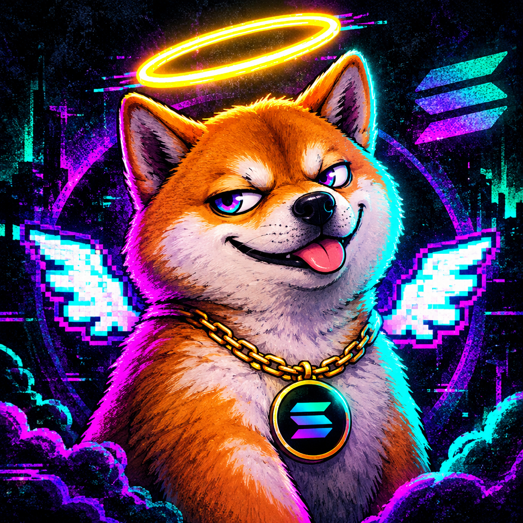 Holy Inu meme avatar, a mischievous shiba-like dog with a glowing halo, tiny pixel angel wings, and neon Solana-style accents