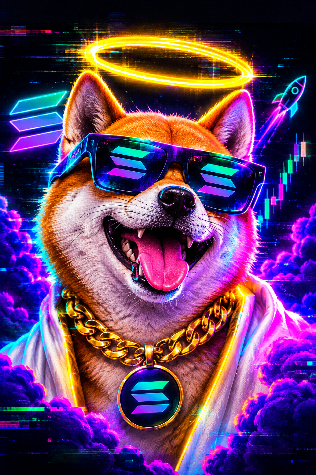 Holy Inu avatar, a chaotic Shiba-like dog with glowing halo, cyber shades, and Solana neon lighting
