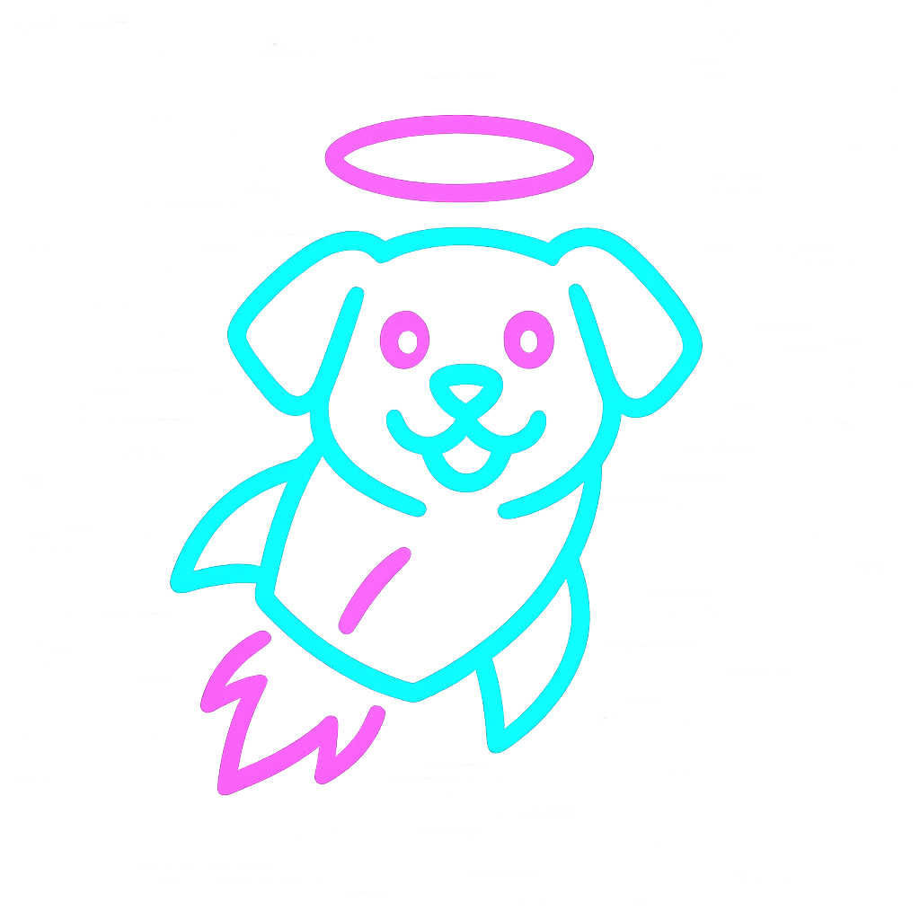 Small neon rocket dog icon for Pump.fun call to action