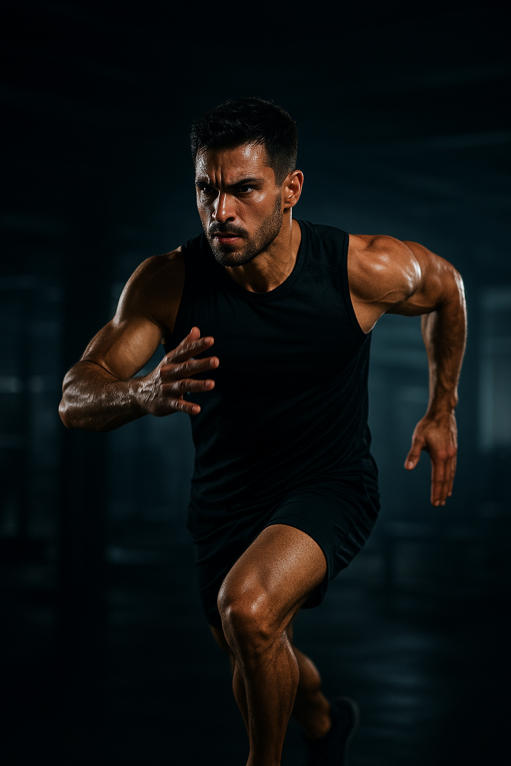 High-contrast athletic coach mid-sprint with determined expression in a dramatic gym environment