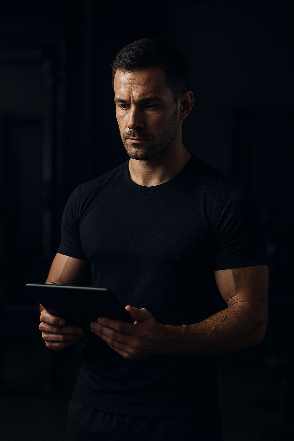 Coach Marcus Vale in a dark training studio holding a tablet beside strength equipment