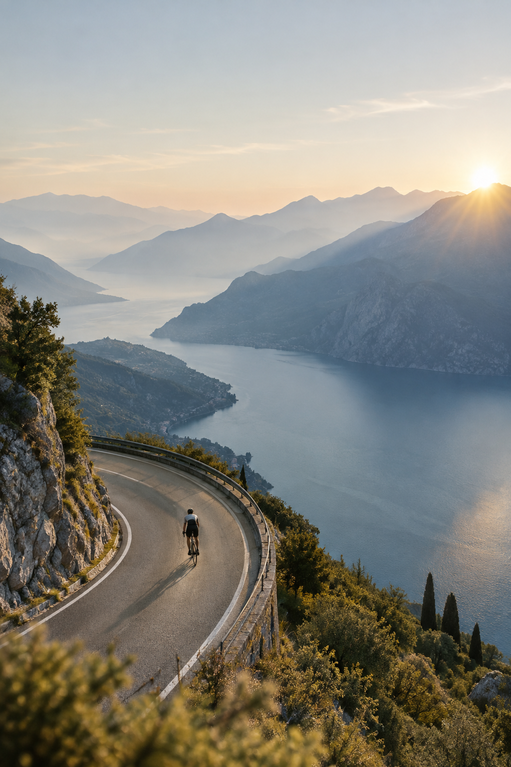Large-format editorial photograph of an alpine road above a deep blue lake at sunrise, with a lone cyclist and layered mountain ridgelines fading into mist