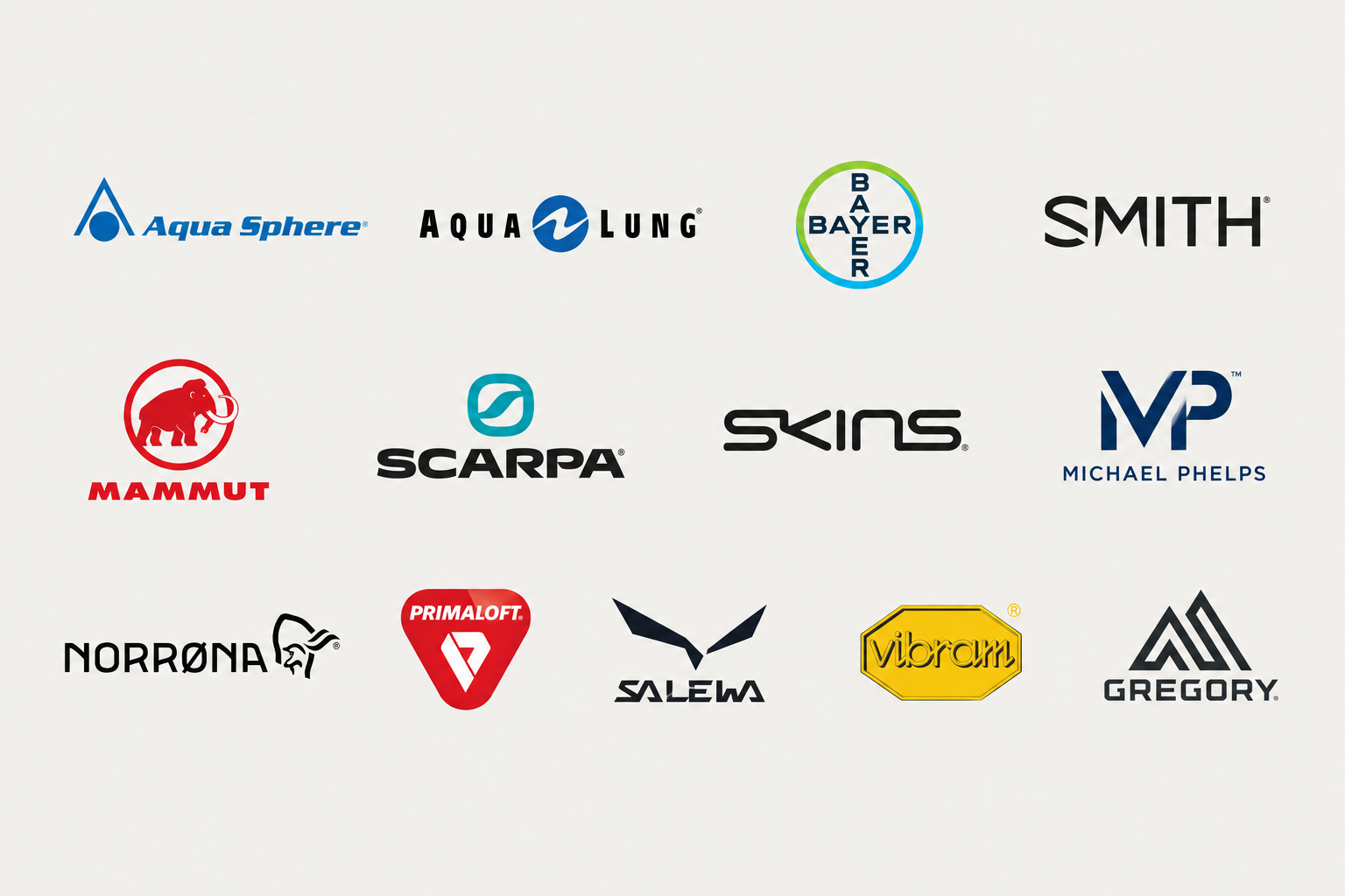 Client logo collage featuring Aqua Sphere, Aqua Lung, Bayer, Smith, Mammut, Scarpa, Skins, Michael Phelps, Norrøna, PrimaLoft, Salewa, Vibram, and Gregory logos