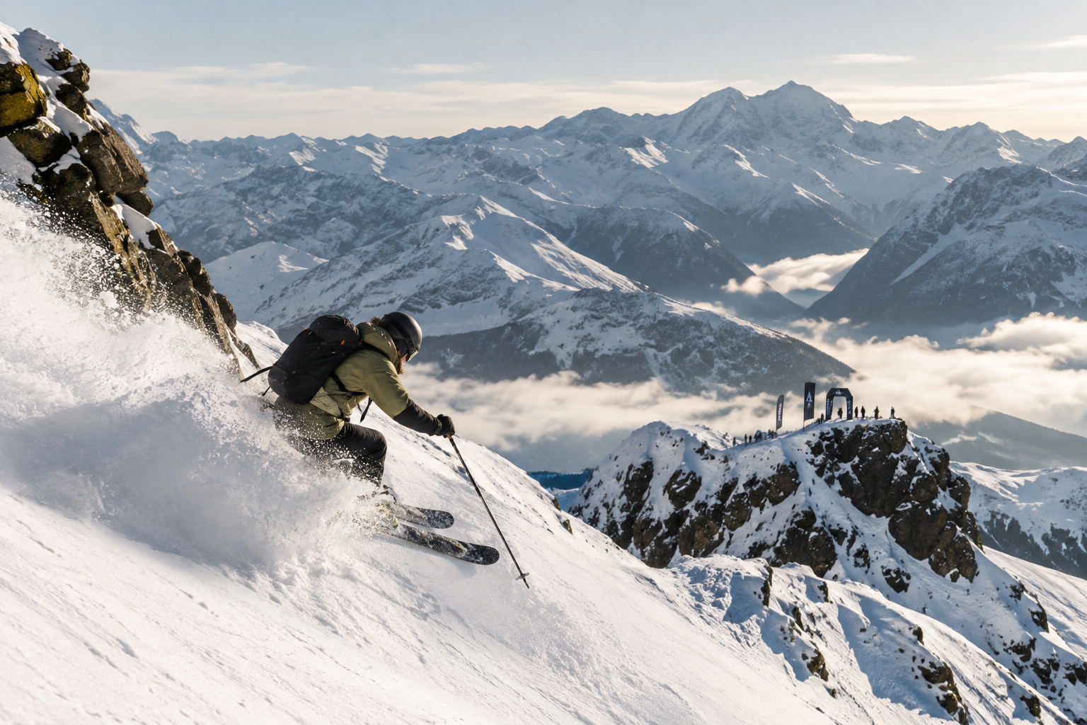 Freeride athletes descending alpine terrain during the European Freeride Festival