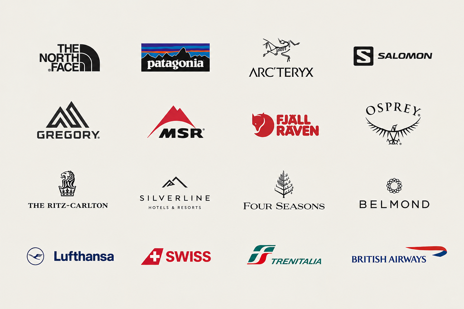 Editorial collage of approved international partner brand logos, including Gregory, shown with authentic colors and proportions on a clean neutral background