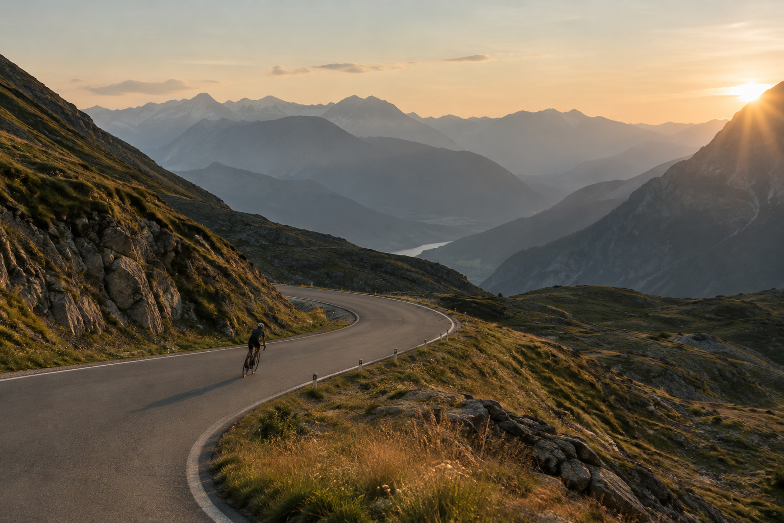 Cinematic editorial landscape of a winding alpine pass at late golden hour, with a lone cyclist in the mid-ground, layered mountain ridges, and quiet premium travel atmosphere