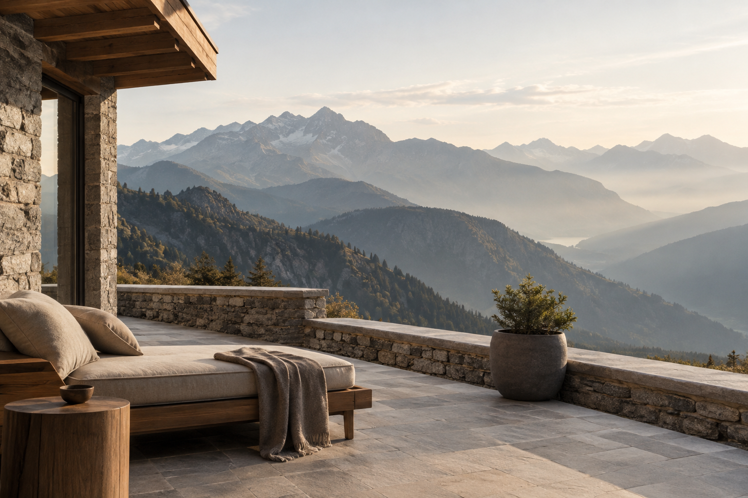 Editorial photograph of a refined mountain retreat terrace overlooking alpine landscape in soft natural morning light