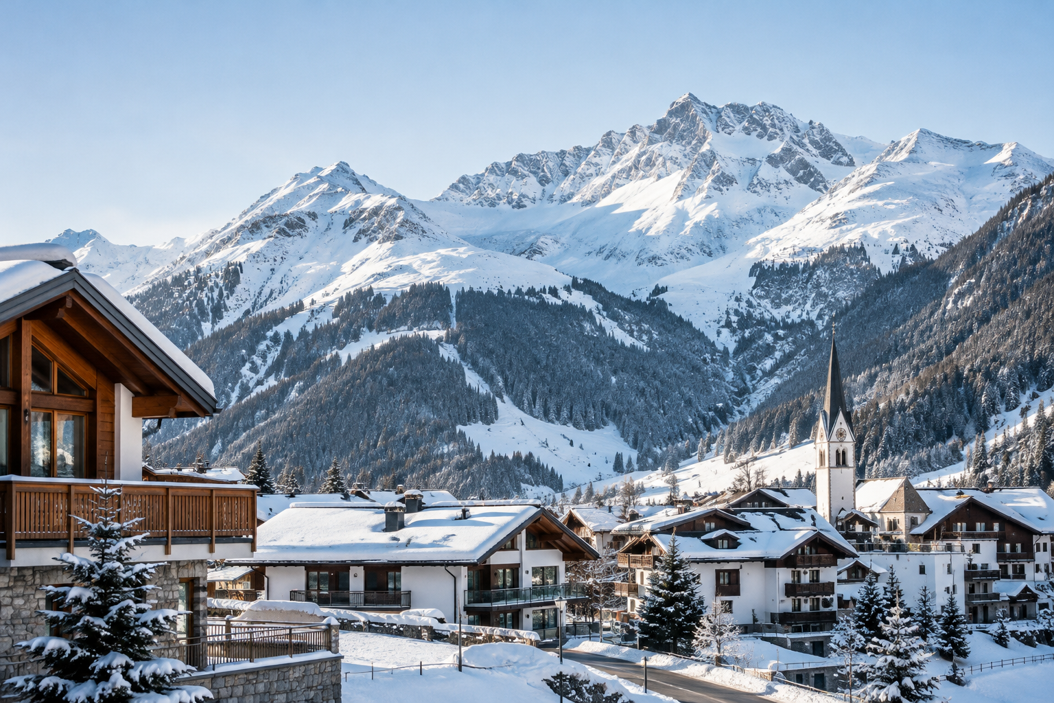 Alpine scene in Ischgl with mountain village architecture and snowy peaks